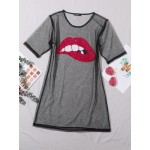 Contrast Sequin Mouth Sheer Mesh Dress