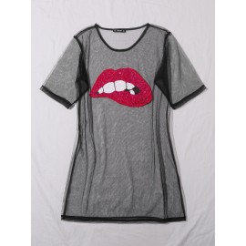 Contrast Sequin Mouth Sheer Mesh Dress
