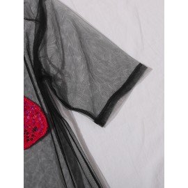 Contrast Sequin Mouth Sheer Mesh Dress