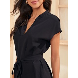 Notch Neck Curved Hem Belted Dress