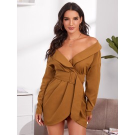 Belted Foldover Off-the-Shoulder Wrap Dress
