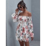 Off Shoulder Frill Trim Shirred Floral Dress