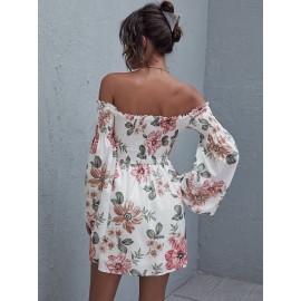 Off Shoulder Frill Trim Shirred Floral Dress