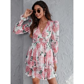 Surplice Neck Shirred Panel Wide Waistband Layered Dress