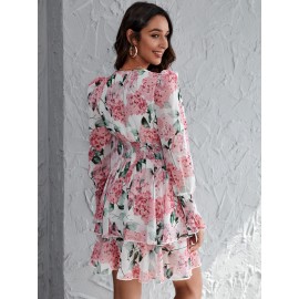 Surplice Neck Shirred Panel Wide Waistband Layered Dress