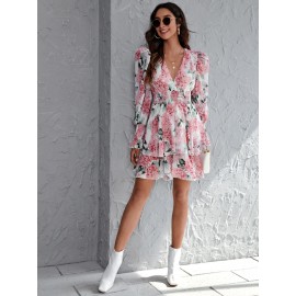 Surplice Neck Shirred Panel Wide Waistband Layered Dress