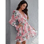 Surplice Neck Shirred Panel Wide Waistband Layered Dress