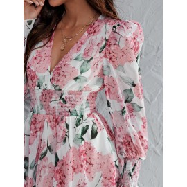 Surplice Neck Shirred Panel Wide Waistband Layered Dress