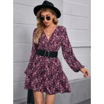 Lantern Sleeve Floral Dress Without Belt