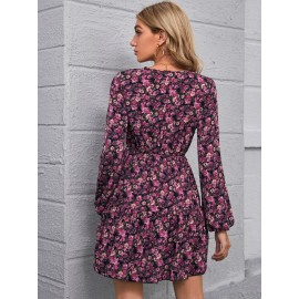 Lantern Sleeve Floral Dress Without Belt