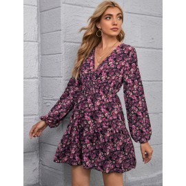 Lantern Sleeve Floral Dress Without Belt