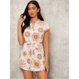 Notch Neck Belted Geo Print Shirt Dress
