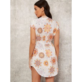 Notch Neck Belted Geo Print Shirt Dress