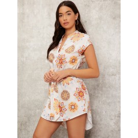Notch Neck Belted Geo Print Shirt Dress