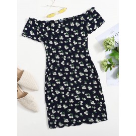 Off Shoulder Lettuce Trim  Floral Dress