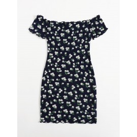 Off Shoulder Lettuce Trim  Floral Dress