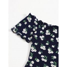 Off Shoulder Lettuce Trim  Floral Dress