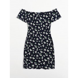 Off Shoulder Lettuce Trim  Floral Dress