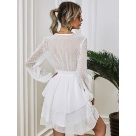 Swiss Dot Bishop Sleeve Layered Hem Belted Dress