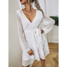 Swiss Dot Bishop Sleeve Layered Hem Belted Dress