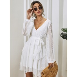 Swiss Dot Bishop Sleeve Layered Hem Belted Dress