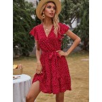 Polka Dot Self Tie Ruffle Hem Dress