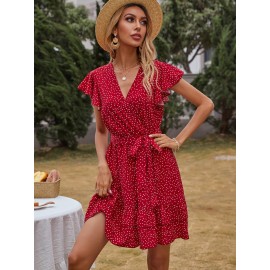 Polka Dot Self Tie Ruffle Hem Dress