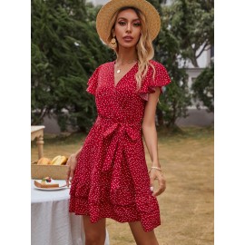 Polka Dot Self Tie Ruffle Hem Dress