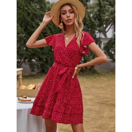 Polka Dot Self Tie Ruffle Hem Dress