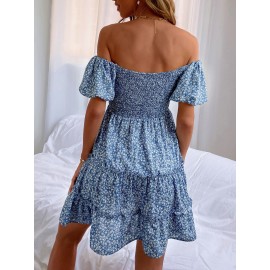 Off The Shoulder  Floral Print Shirred Dress