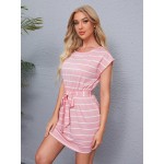 Batwing Sleeve Self Belted Striped Dress