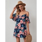 Cold Shoulder Tropical Print Dress