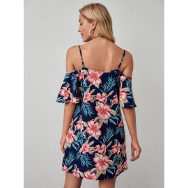 Cold Shoulder Tropical Print Dress