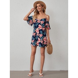 Cold Shoulder Tropical Print Dress
