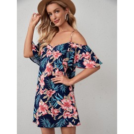 Cold Shoulder Tropical Print Dress