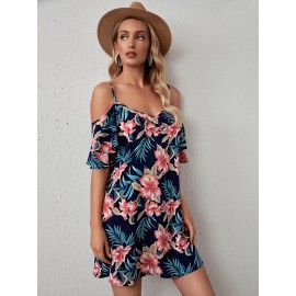 Cold Shoulder Tropical Print Dress