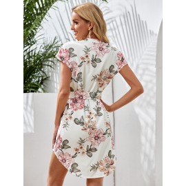 Notched Neck Self Belted Dip Hem Floral Dress
