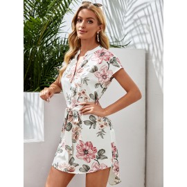 Notched Neck Self Belted Dip Hem Floral Dress