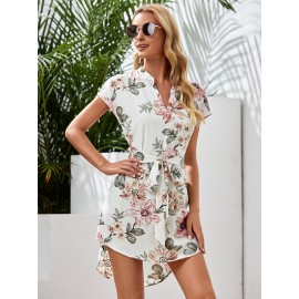 Notched Neck Self Belted Dip Hem Floral Dress