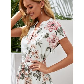 Notched Neck Self Belted Dip Hem Floral Dress