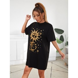 Drop Shoulder Sun & Moon Print Tee Dress