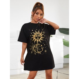 Drop Shoulder Sun & Moon Print Tee Dress