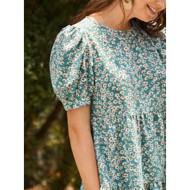 Puff Sleeve Ruffle Hem  Floral Dress
