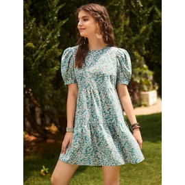 Puff Sleeve Ruffle Hem  Floral Dress