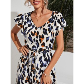 V-neck Ruffle Armhole Belted Dress