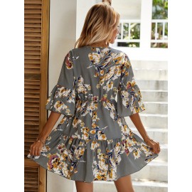 Allover Floral Print Ruffle Hem A-line Dress