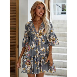Allover Floral Print Ruffle Hem A-line Dress