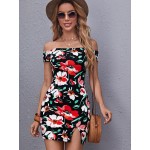 1PC Floral Print Off Shoulder Split Hem Dress