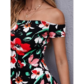 1PC Floral Print Off Shoulder Split Hem Dress