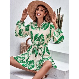 Tropical Print Lantern Sleeve Belted Shirt Dress